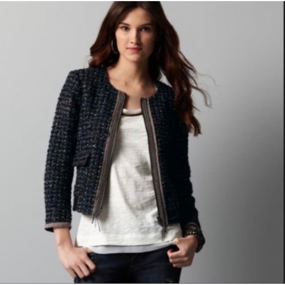 Ann Taylor LOFT Navy Blue Tweed Chain Fringe Zip Front Jacket‎ Womens Small